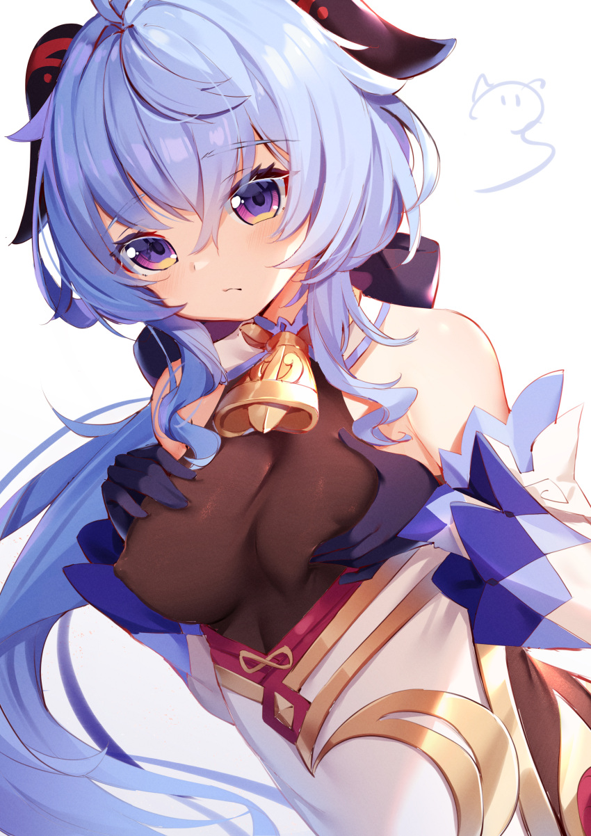 1girl, absurdres, bare_shoulders, bell, blue_hair, blush, bodysuit, breast_grab, breasts, covered_nipples, cowbell, detached_sleeves, ganyu_(genshin_impact), genshin_impact, gloves, goat_horns, grabbing, grabbing_own_breast, highres, horns, large_breasts, long_sleeves, medium_breasts, nahaki, solo, upper_body, violet_eyes