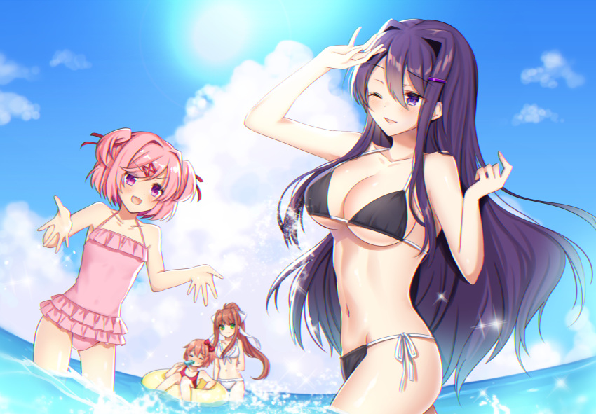 4girls, :d, ;d, =_=, bangs, bare_arms, bare_shoulders, bikini