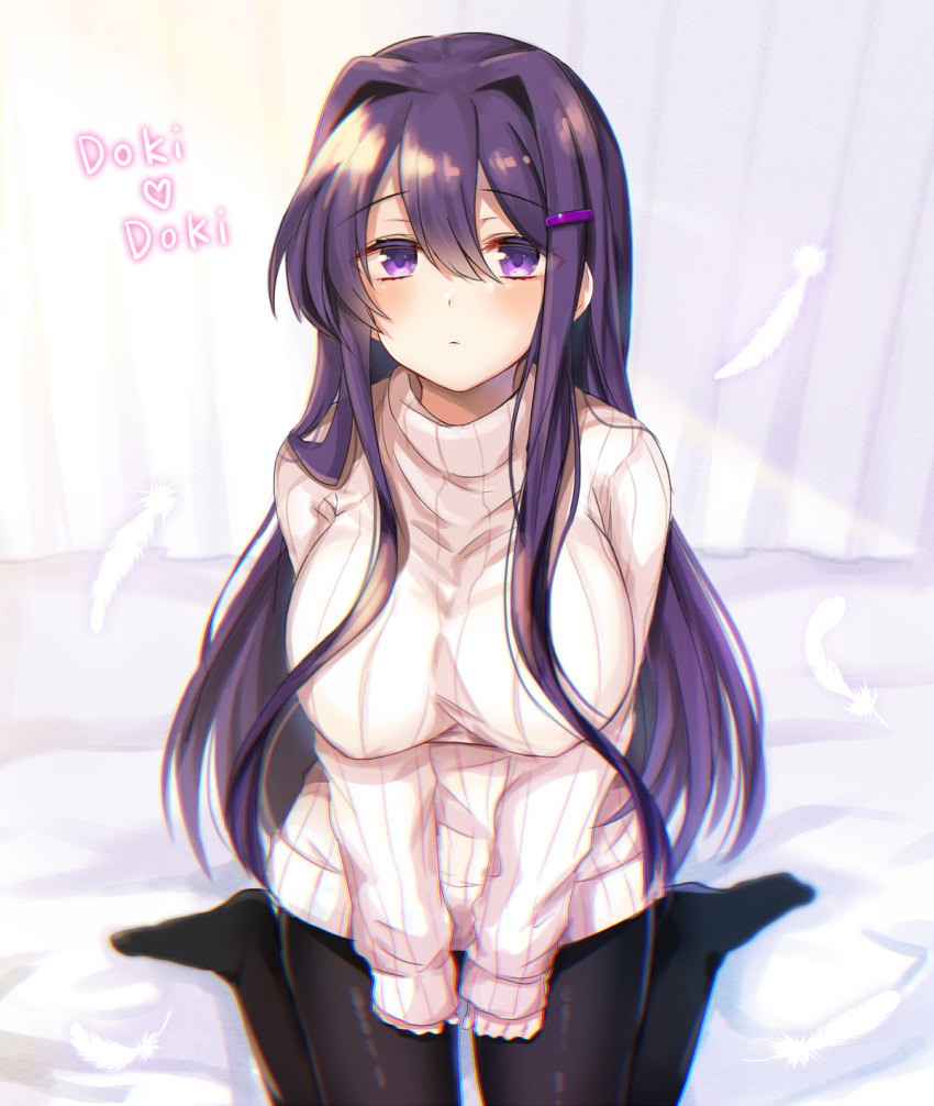 1girl, bangs, beige_sweater, black_legwear, breasts, casual, commentary, doki_doki_literature_club, eyebrows_visible_through_hair, feathers, hair_between_eyes, hair_ornament, hairclip, highres, large_breasts, long_hair, long_sleeves, looking_at_viewer, pantyhose, purple_hair, ribbed_sweater, s_h_riek, sitting, sleeves_past_wrists, solo, sweater, turtleneck, turtleneck_sweater, v_arms, very_long_hair, violet_eyes, wariza, yuri_(doki_doki_literature_club)
