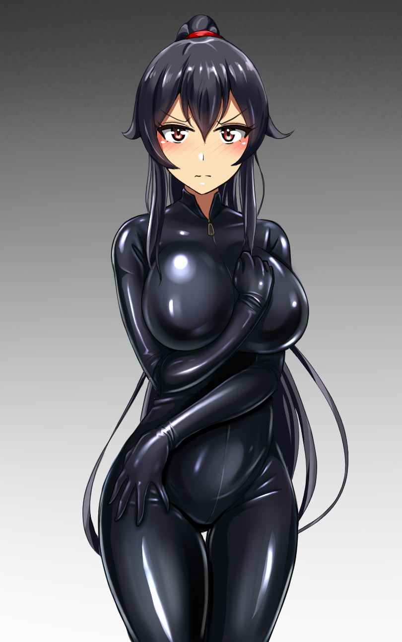 1girl, black_bodysuit, black_hair, blush, bodysuit, catsuit, hairband, hand_on_own_chest, highres, ibusuki, kantai_collection, latex, latex_bodysuit, long_hair, looking_at_viewer, ponytail, simple_background, solo, very_long_hair, yahagi_(kantai_collection)