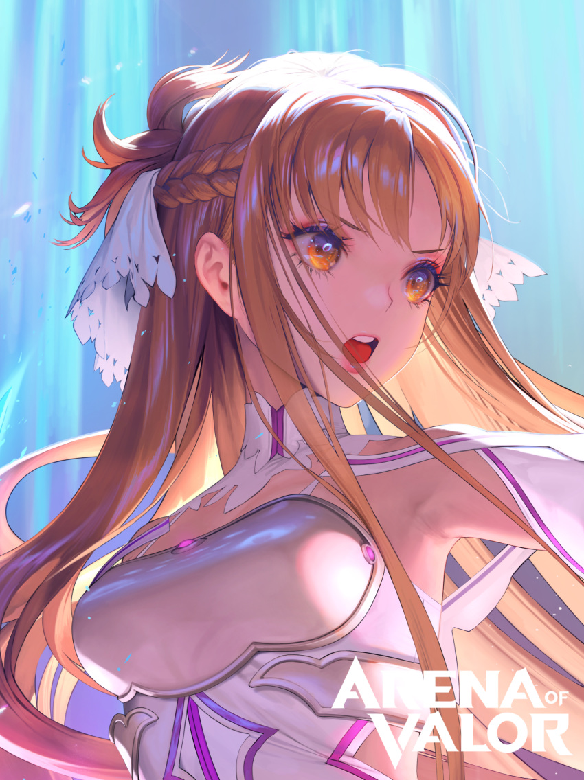 1girl, absurdres, arena_of_valor, armor, armpits, asuna_(stacia), blue_background, braid