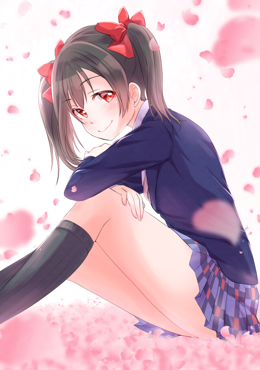 1girl, absurdres, bangs, black_hair, black_legwear, blue_jacket, blue_skirt, blurry_foreground