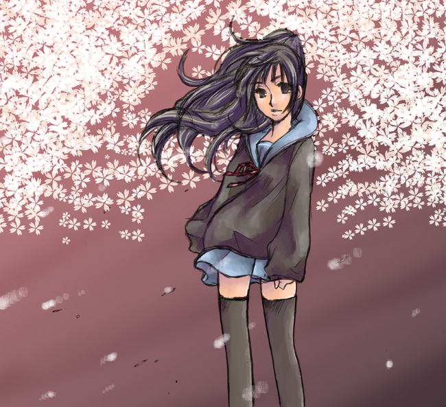 cardigan, genderswap, kyon, kyonko, meso, nekochi, ponytail, school_uniform, solo, suzumiya_haruhi_no_yuuutsu, thigh-highs, thighhighs