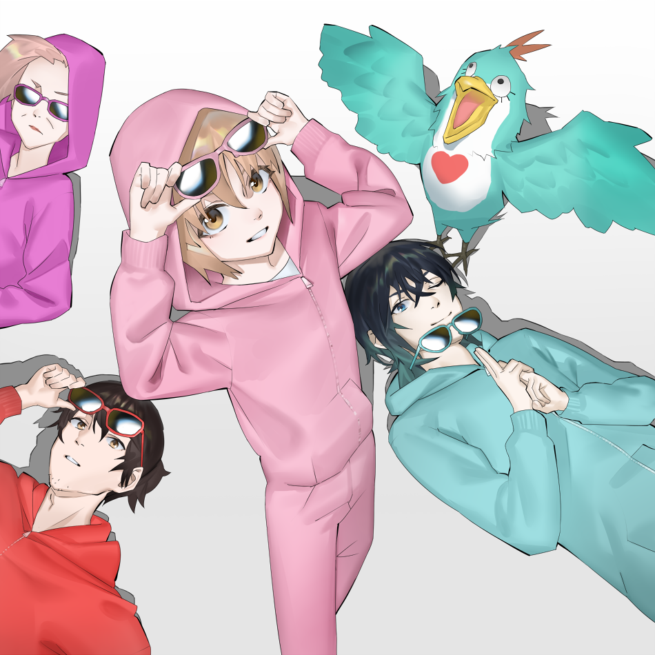 2boys, 2girls, adam's_apple, aragaki_bigbird, aragaki_jotaro, aragaki_mari, aragaki_rei, bird