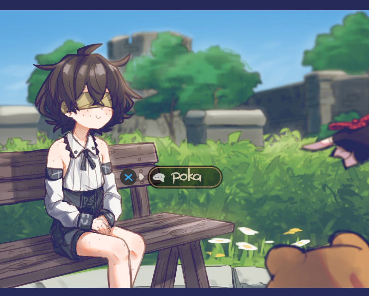 2girls, animal, bandages, bandages_over_eyes, bare_shoulders, bear, bench, black_gloves, black_neckwear, blind, blush, brown_hair, closed_mouth, detached_sleeves, fingerless_gloves, flower, freckles, gameplay_mechanics, genshin_impact, gloves, hair_between_eyes, multiple_girls, original, outdoors, pointing, poka_(popopoka), popopoka, short_hair, sitting, smile, solo_focus, tree, white_flower, xiangling_(genshin_impact)