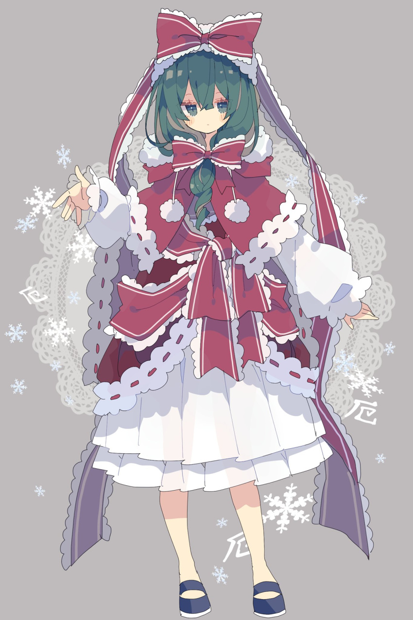 1girl, blue_footwear, blush, bow, capelet, closed_mouth, commentary, dress