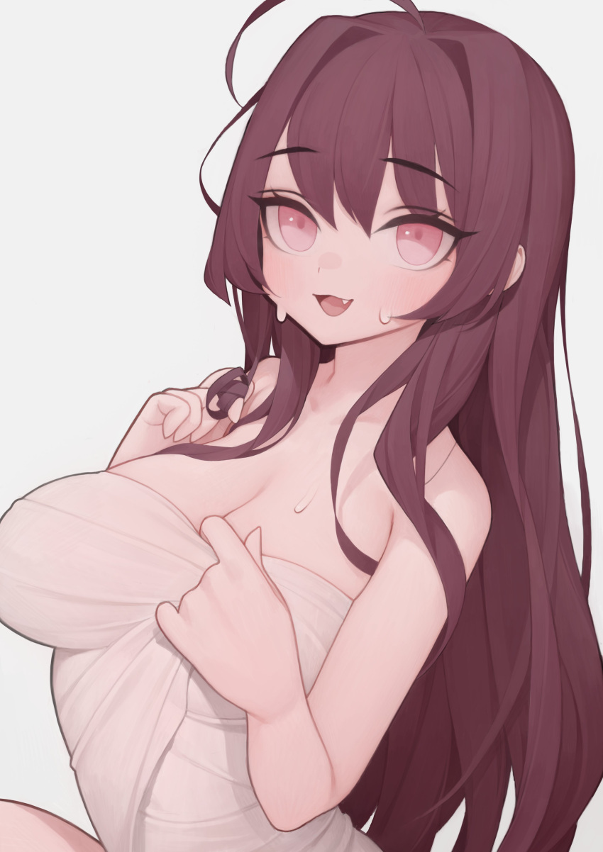 1girl, absurdres, ahoge, bare_shoulders, blush, breasts, cleavage, collarbone