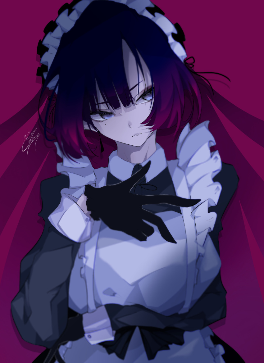 1girl, arm_under_breasts, bangs, black_gloves, black_hair, breasts, collared_shirt, eyebrows_behind_hair, gloves, goma_irasuto, gradient_hair, grey_eyes, highres, long_hair, maid, maid_headdress, medium_breasts, mole, mole_under_eye, multicolored, multicolored_hair, original, parted_lips, purple_hair, shirt, signature, solo, tsurime, white_background