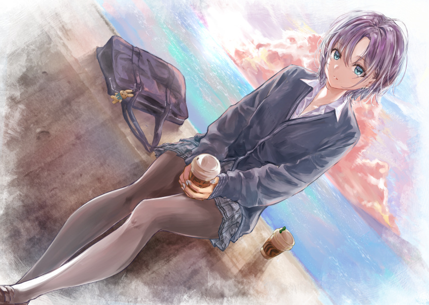 1girl, ahoge, aoba_yukichi, asakura_tooru, bag, beach, black_cardigan, black_hair