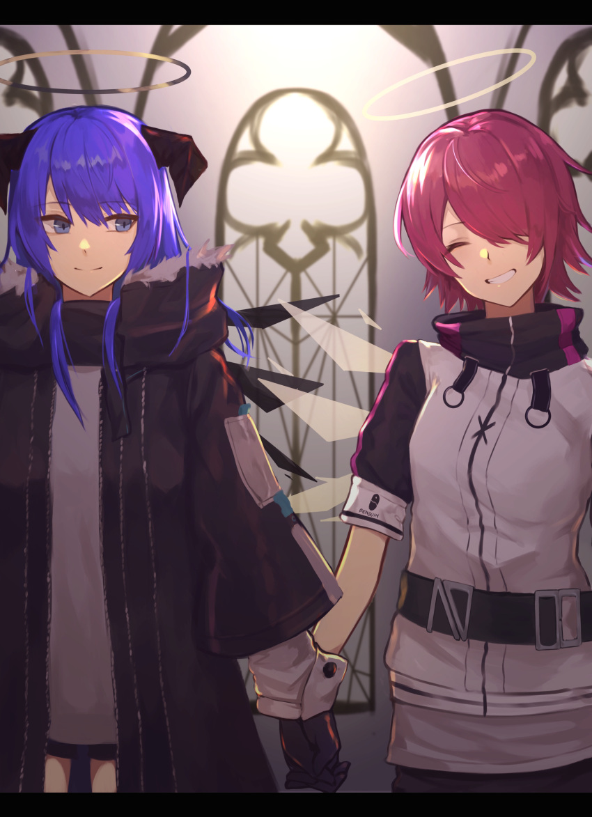 2girls, absurdres, arknights, bangs, black_coat, black_gloves, black_horns, black_wings