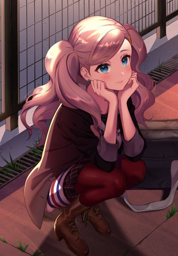 1girl, bag, bangs, black_jacket, black_skirt, blue_eyes, blush, brown_footwear, closed_mouth, day, earrings, full_body, hair_ornament, hairclip, head_rest, jacket, jewelry, long_hair, long_sleeves, miniskirt, omochimochi, open_clothes, open_jacket, outdoors, pantyhose, persona, persona_5, plaid, plaid_skirt, pleated_skirt, red_legwear, school_bag, shiny, shiny_clothes, shiny_hair, shiny_legwear, silver_hair, skirt, solo, squatting, striped, striped_sweater, sweater, swept_bangs, takamaki_anne, very_long_hair