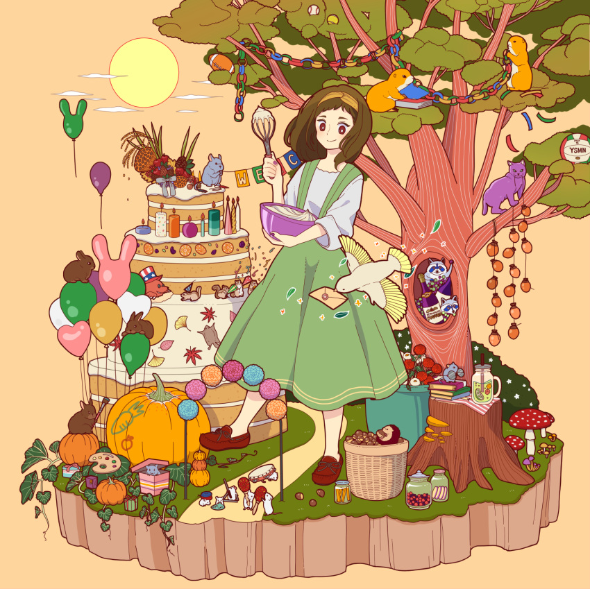 1girl, american_football_(object), apple, aqua_flower, autumn_leaves, ball, basket, bird