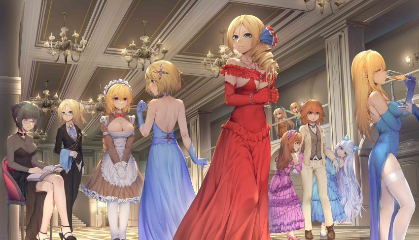 6+girls, absurdres, alternate_costume, apron, black_hair, blonde_hair, blue_dress, blue_eyes