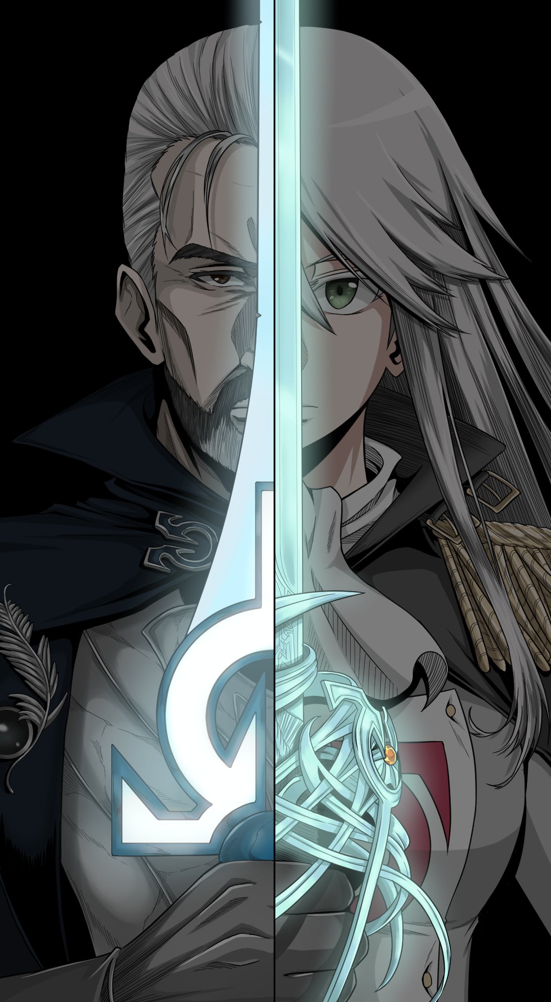 1boy, 1girl, beard, black_background, black_cape, black_gloves, blouse, blue_cape