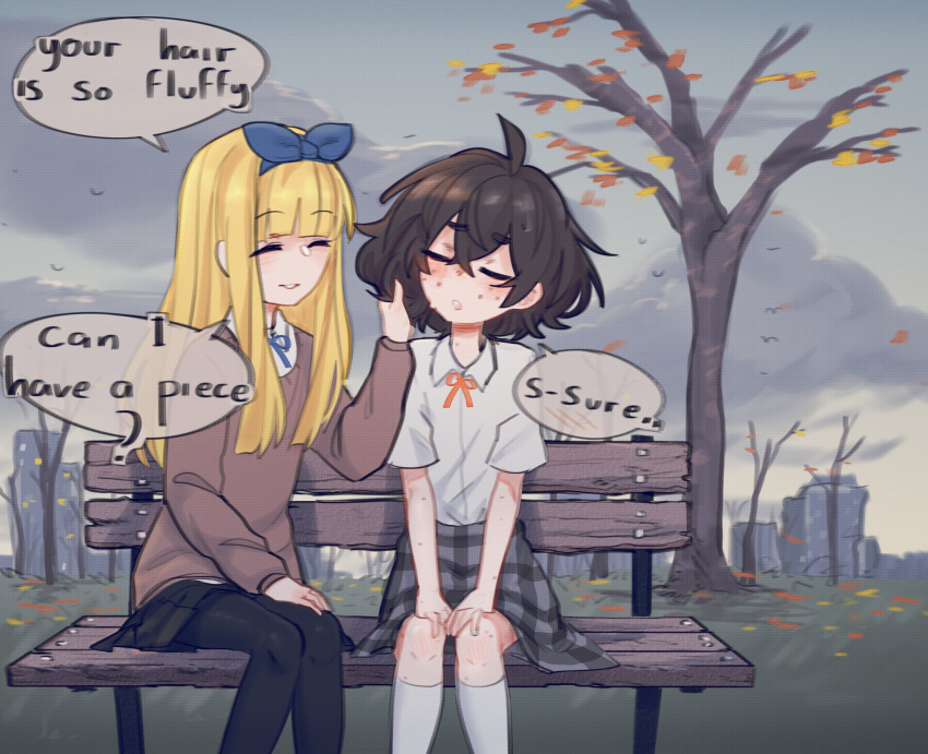 2girls, :d, autumn_leaves, bangs, bench, black_hair, black_legwear, black_skirt