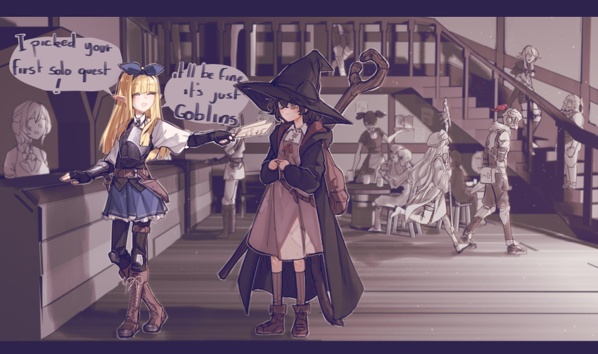 6+boys, 6+girls, :d, absurdres, ankle_boots, armor, backpack, bag