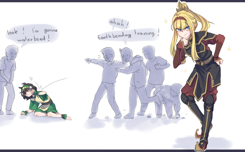 avatar_legends, barefoot, black_hair, blind_girl_(popopoka), blonde_hair, blue_eyes, bully_girl_(popopoka), bullying