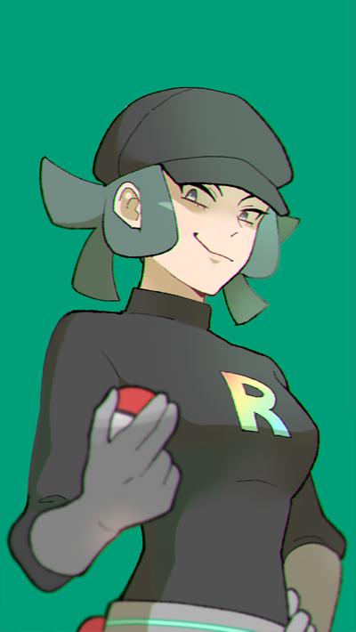 1girl, black_headwear, breasts, grey_eyes, grey_hair, hand_on_hip, holding, holding_poke_ball, jaho, medium_breasts, poke_ball, poke_ball_(basic), pokemon, pokemon_(game), pokemon_usum, short_hair, simple_background, smirk, solo, team_rainbow_rocket, team_rainbow_rocket_grunt, team_rainbow_rocket_uniform, upper_body