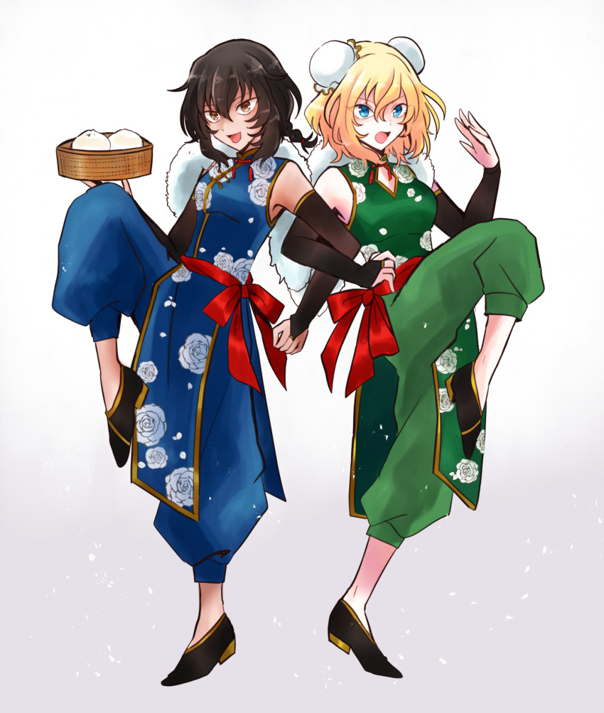 2girls, alternate_hairstyle, andou_(girls_und_panzer), bamboo_steamer, bangs, baozi, black_footwear, black_hair, blonde_hair, blue_dress, blue_eyes, blue_pants, bridal_gauntlets, brown_eyes, bun_cover, china_dress, chinese_clothes, commentary, dark_skin, double_bun, dress, elbow_gloves, fighting_stance, flats, floral_print, food, frown, fur_scarf, girls_und_panzer, girls_und_panzer_senshadou_daisakusen!, gloves, green_dress, green_pants, hair_tie, half_gloves, highres, leg_up, looking_at_viewer, medium_hair, messy_hair, mimoe, multiple_girls, open_mouth, oshida_(girls_und_panzer), pants, pants_under_dress, pelvic_curtain, print_dress, red_sash, sash, short_ponytail, side-by-side, sleeveless, sleeveless_dress, smile, standing, standing_on_one_leg