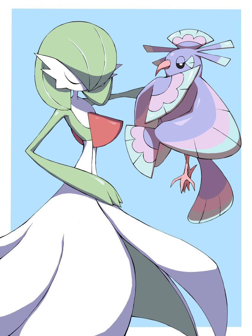absurdres, bird, blue_background, closed_eyes, closed_mouth, commentary_request, creature, gardevoir