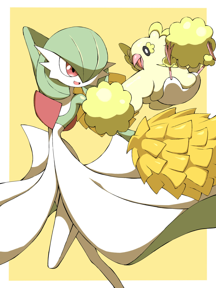 absurdres, bird, commentary_request, creature, gardevoir, gen_3_pokemon, gen_7_pokemon, highres, jahana_mei, looking_at_another, open_mouth, oricorio, oricorio_(pom-pom), pokemon, pokemon_(creature), red_eyes, smile, tongue, yellow_background