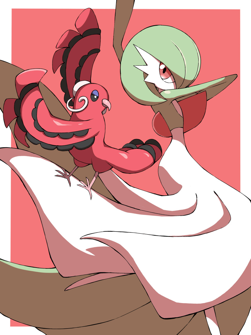 absurdres, arm_up, bird, commentary_request, creature, gardevoir, gen_3_pokemon, gen_7_pokemon, hand_up, highres, jahana_mei, looking_at_viewer, no_humans, oricorio, oricorio_(baile), pokemon, pokemon_(creature), red_eyes, shiny