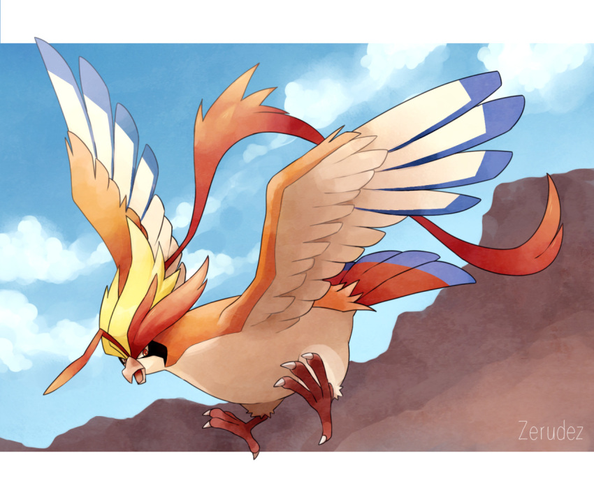 artist_name, bird, blue_sky, claws, clouds, cloudy_sky, creature, crown_eyes