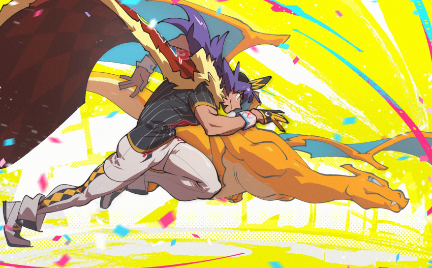 1boy, baseball_cap, cape, champion_uniform, charizard, closed_mouth, commentary_request, confetti, dynamax_band, facial_hair, fukurau, fur-trimmed_cape, fur_trim, gen_1_pokemon, gloves, hat, highres, leggings, leon_(pokemon), long_hair, male_focus, pokemon, pokemon_(creature), pokemon_(game), pokemon_swsh, purple_hair, red_cape, running, shirt, shoes, short_shorts, short_sleeves, shorts, single_glove, smile, white_legwear, white_shorts