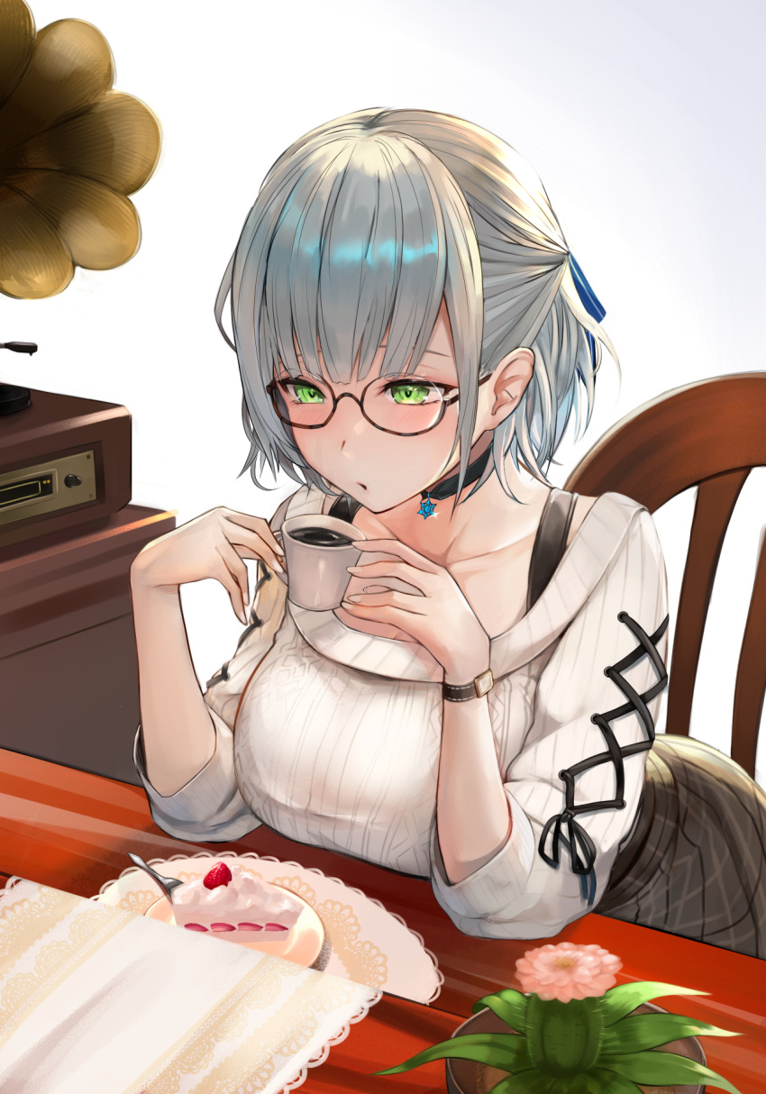 1girl, bespectacled, black_choker, black_ribbon, blowing_on_food, blush, breast_rest, breasts