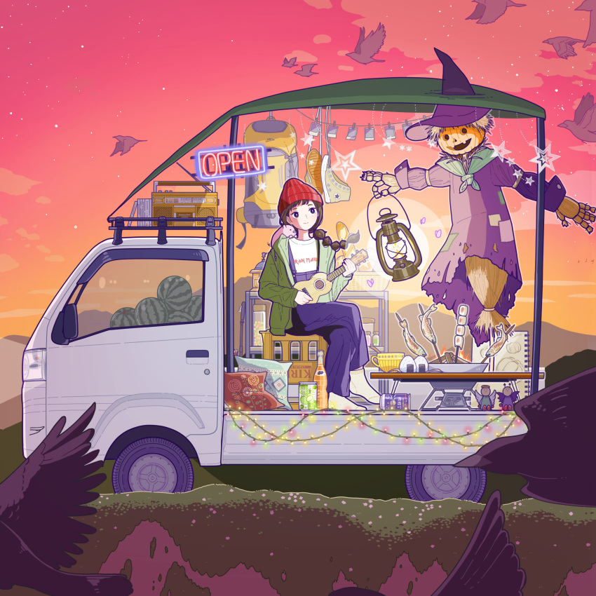 1girl, beanie, black_eyes, blue_overalls, brown_hair, crossed_legs, fish, food