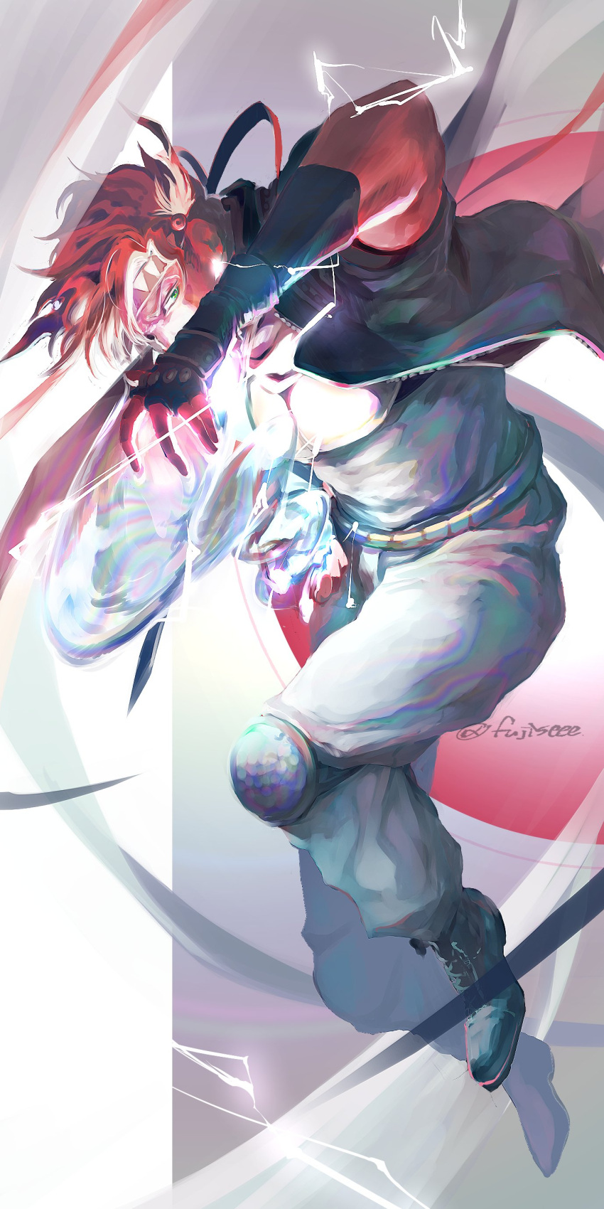 1boy, absurdres, ankle_boots, battle_tendency, blonde_hair, blue_footwear, blue_gloves, blue_jacket