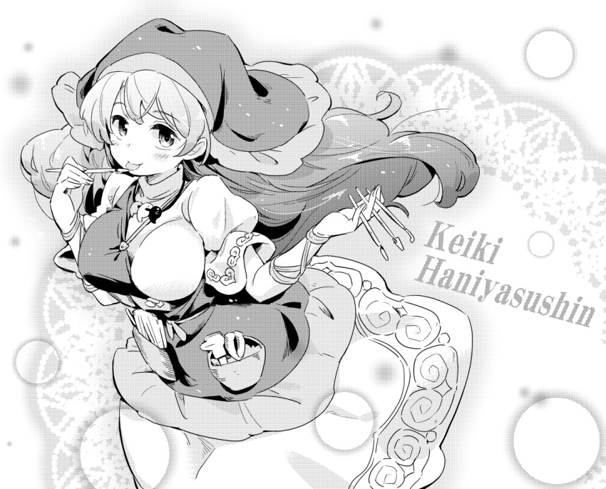 apron, between_fingers, blush, breasts, caliper, character_name, commentary_request, cowboy_shot