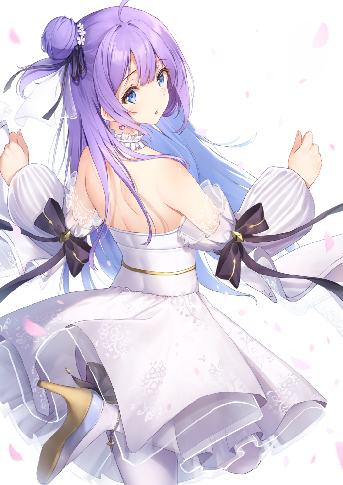 1girl, ahoge, azur_lane, bare_back, bare_shoulders, blue_eyes, bow, choker, chuu_ling, collarbone, commentary_request, detached_sleeves, dress, earrings, eyebrows_visible_through_hair, flower, frilled_dress, frills, from_behind, hair_between_eyes, hair_bow, hair_bun, hair_flower, hair_ornament, hair_ribbon, high_heels, jewelry, long_hair, looking_at_viewer, looking_back, one_side_up, outstretched_arms, parted_lips, petals, puffy_sleeves, purple_hair, ribbon, simple_background, solo, spread_arms, standing, standing_on_one_leg, unicorn_(a_dream_of_pure_vows)_(azur_lane), unicorn_(azur_lane), violet_eyes, wedding_dress, white_background, white_dress, white_legwear