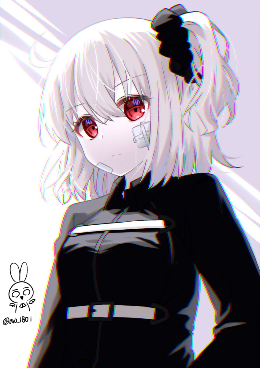 1girl, albino, aro_1801, bangs, black_jacket, black_scrunchie, breasts, closed_mouth