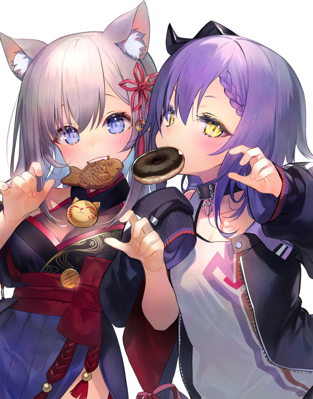 2girls, animal_ear_fluff, animal_ears, asagi_yuna, bangs, bell, black_collar, black_jacket, blue_eyes, blue_kimono, blush, braid, braided_bangs, breasts, claw_pose, collar, commentary, curled_horns, doughnut, fang, food, food_in_mouth, grey_hair, highres, horns, indie_virtual_youtuber, jacket, japanese_clothes, jingle_bell, kimono, large_breasts, looking_at_viewer, medium_breasts, multiple_girls, obi, obijime, open_clothes, open_jacket, ozuka_roki, purple_hair, sash, short_hair, short_kimono, shoufuku_nyako, simple_background, single_horn, sleeves_past_wrists, slit_pupils, taiyaki, tank_top, upper_body, upper_teeth, virtual_youtuber, wagashi, white_background, white_tank_top, wide_sleeves, yellow_eyes