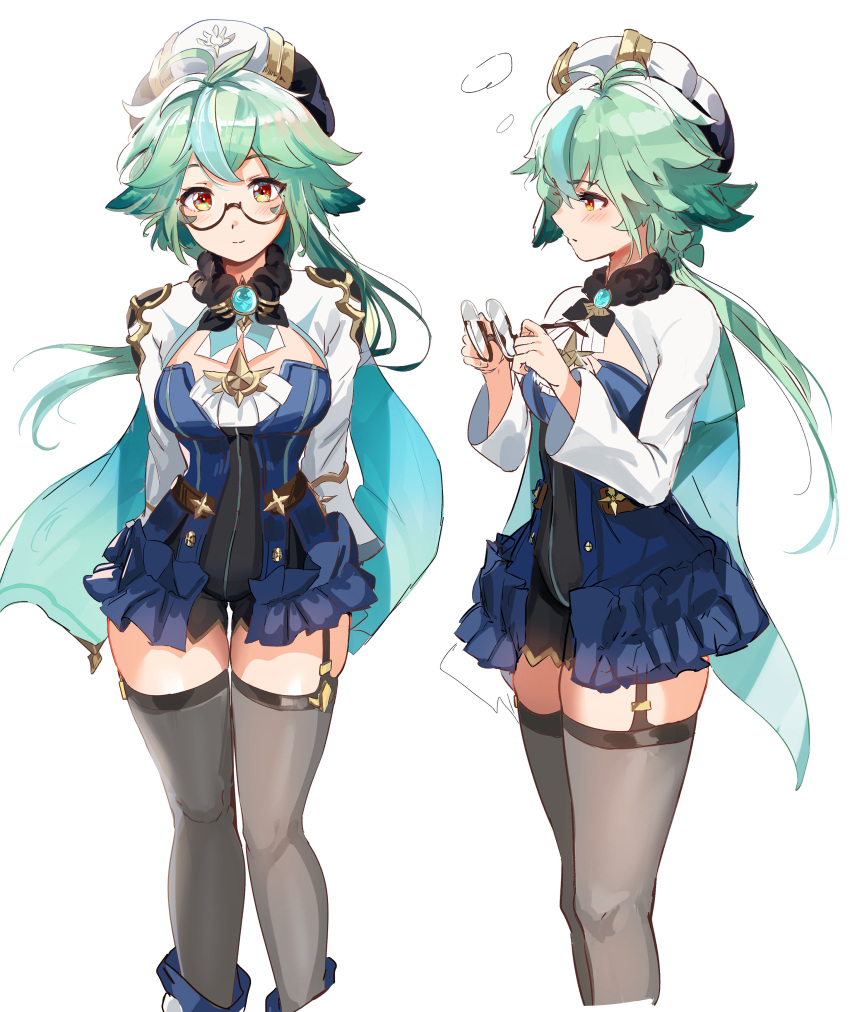 1girl, absurdres, animal_ears, bangs, beret, blue_dress, blush, breasts