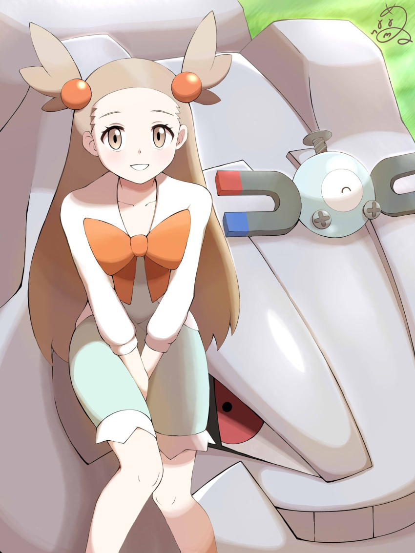 1girl, between_legs, blush, bow, brown_eyes, brown_hair, collarbone, commentary