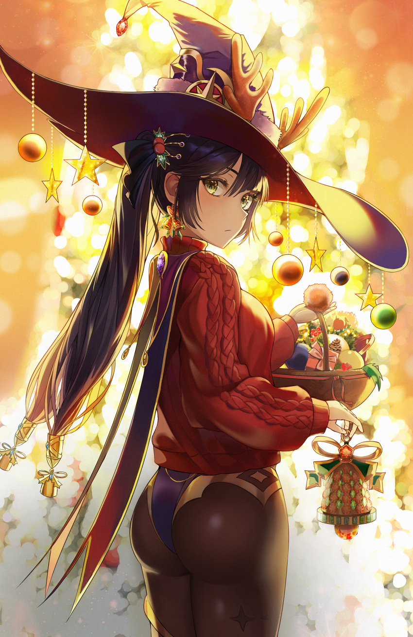 1girl, :/, absurdres, aran_sweater, ass, basket, bell, black_hair