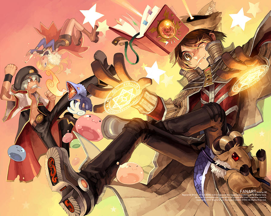 1girl, 2boys, :3, alchemist_(ragnarok_online), angel_wings, angeling, bangs, baphomet_jr