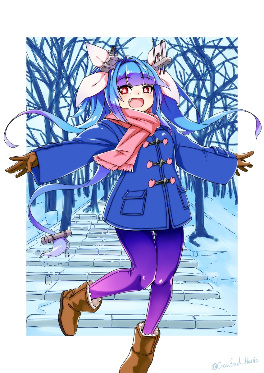 1girl, alternate_costume, blue_coat, blue_hair, boots, brown_footwear, brown_gloves, coat