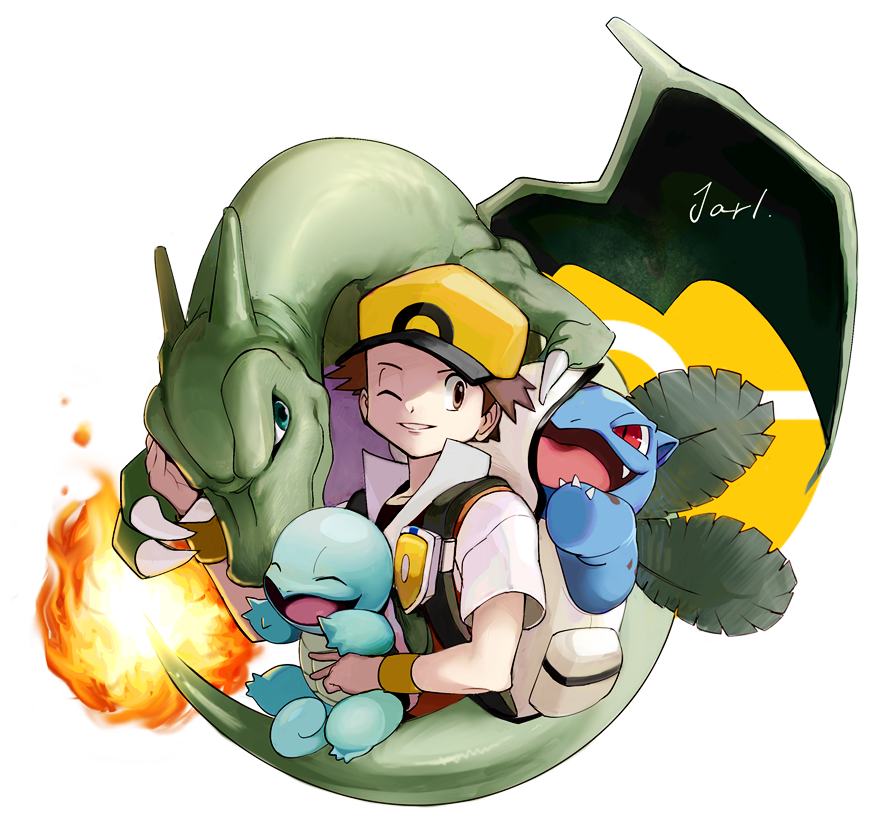 1boy, alternate_color, baseball_cap, brown_eyes, brown_hair, charizard, commentary_request, fire