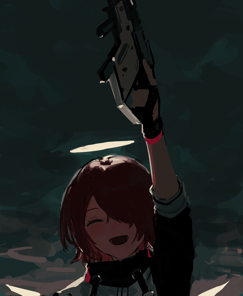 1girl, absurdres, arknights, arm_up, bangs, black_gloves, closed_eyes, energy_wings, exusiai_(arknights), fingerless_gloves, gloves, gun, hair_over_one_eye, halo, highres, holding, holding_gun, holding_weapon, jacket, k1llg, kriss_vector, open_mouth, redhead, short_hair, simple_background, solo, submachine_gun, upper_body, weapon, wings