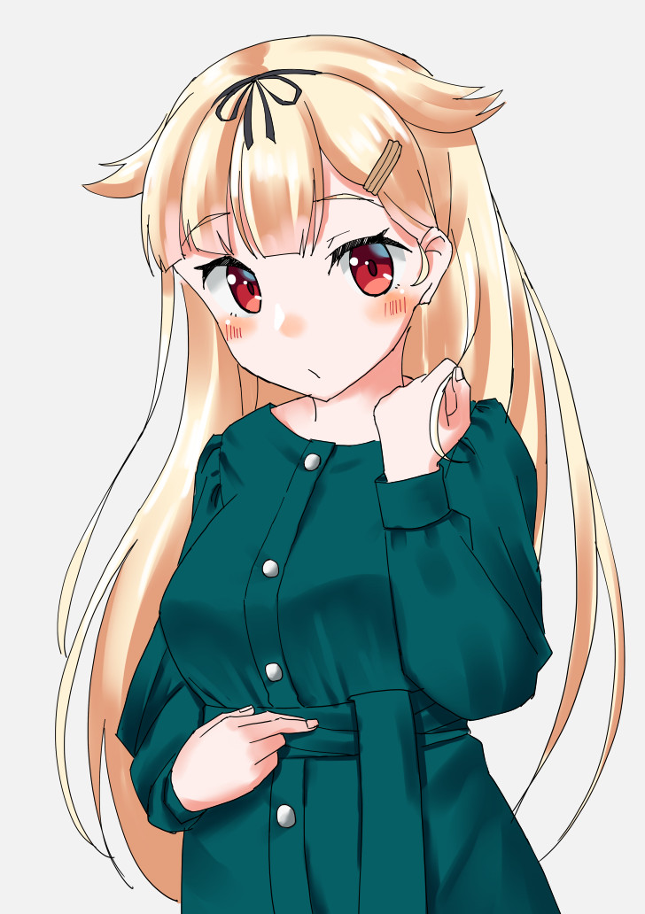 1girl, alternate_costume, black_ribbon, blonde_hair, cowboy_shot, dress, green_dress, grey_background