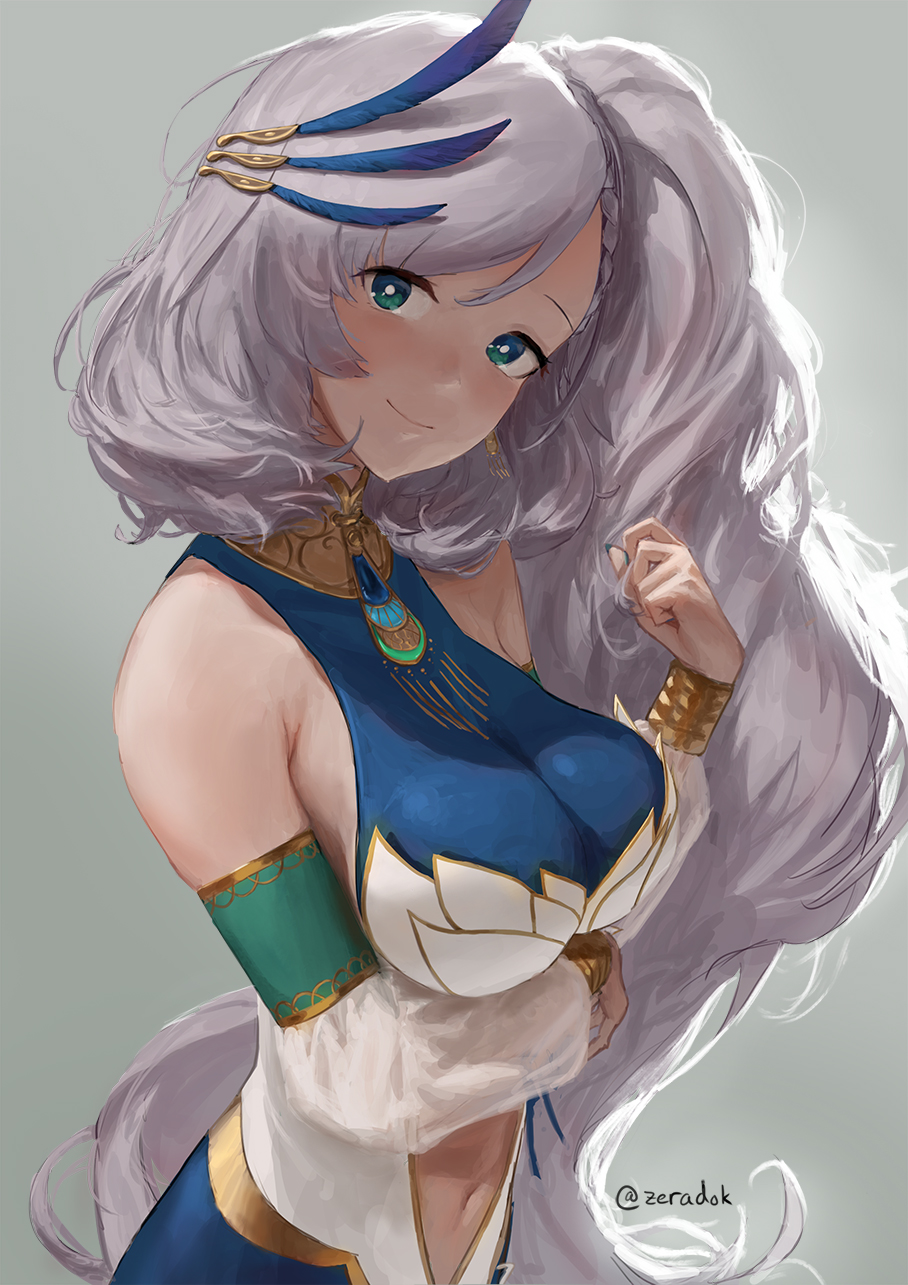 1girl, asymmetrical_hair, bangle, bangs, blue_dress, blue_eyes, blush, bracelet