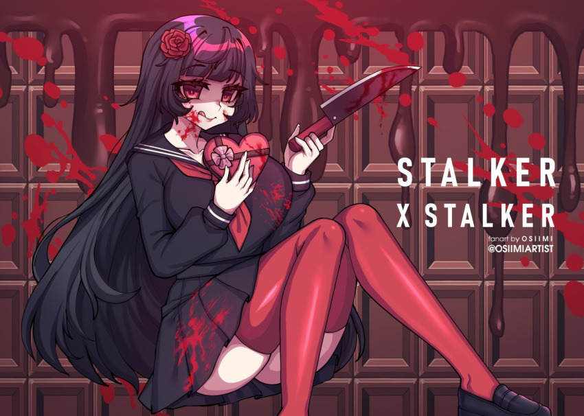 1girl, black_hair, blood, blood_on_face, blood_splatter, bloody_clothes, breasts, chocolate, curvy, eyebrows, eyebrows_visible_through_hair, flower, hair_flower, hair_ornament, heart, holding, holding_weapon, junko_(stalker_x_stalker), knife, large_breasts, licking, licking_lips, long_hair, melting, osiimi, school_uniform, shading, sitting, solo, splatter, stalker_x_stalker, tongue, tongue_out, weapon, yandere