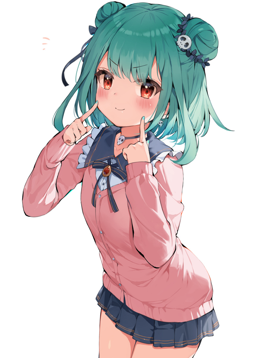1girl, blush, buttons, cardigan, closed_mouth, collar, double_bun, earrings