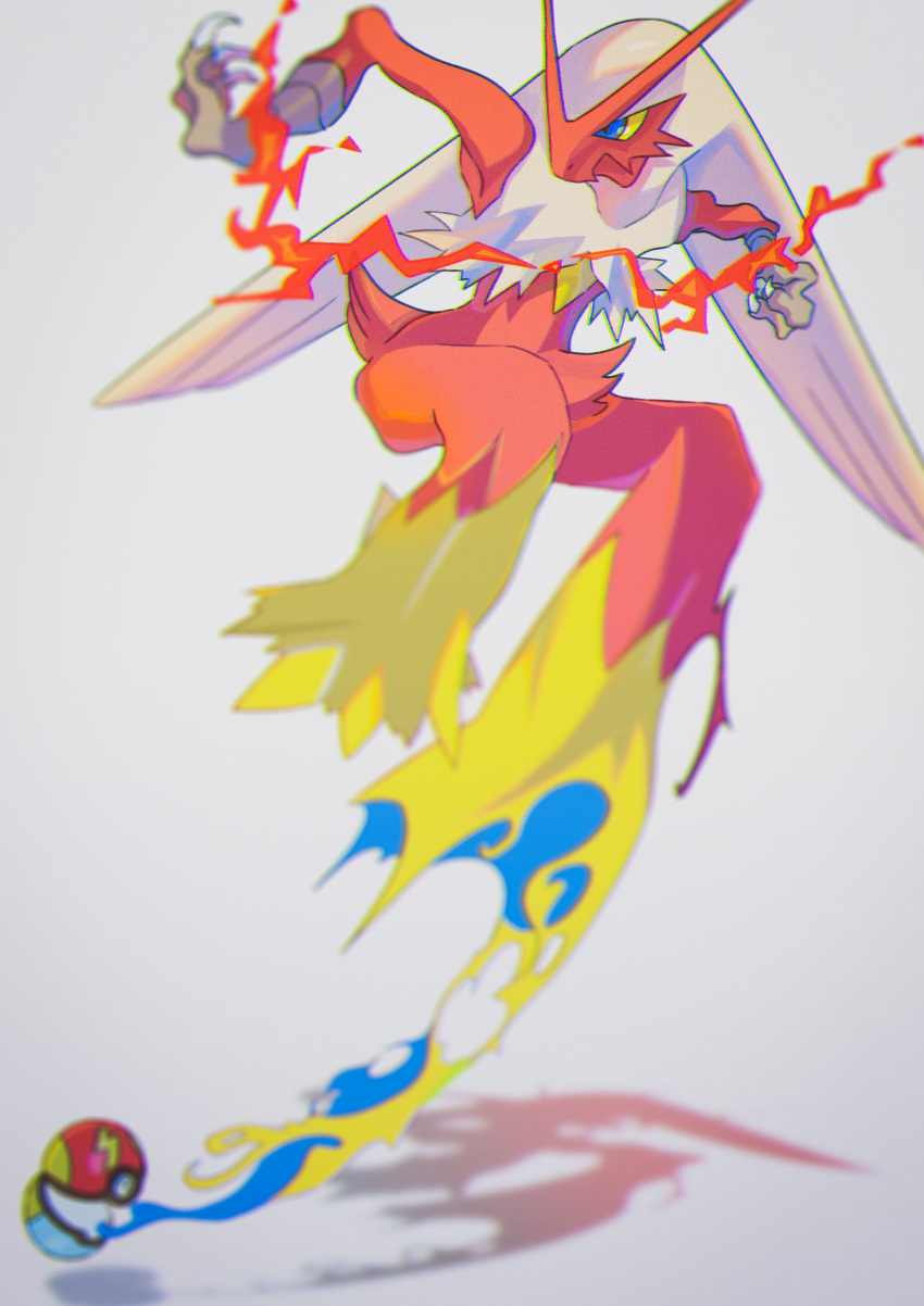 absurdres, blaziken, blue_eyes, claws, closed_mouth, commentary_request, fast_ball, fire