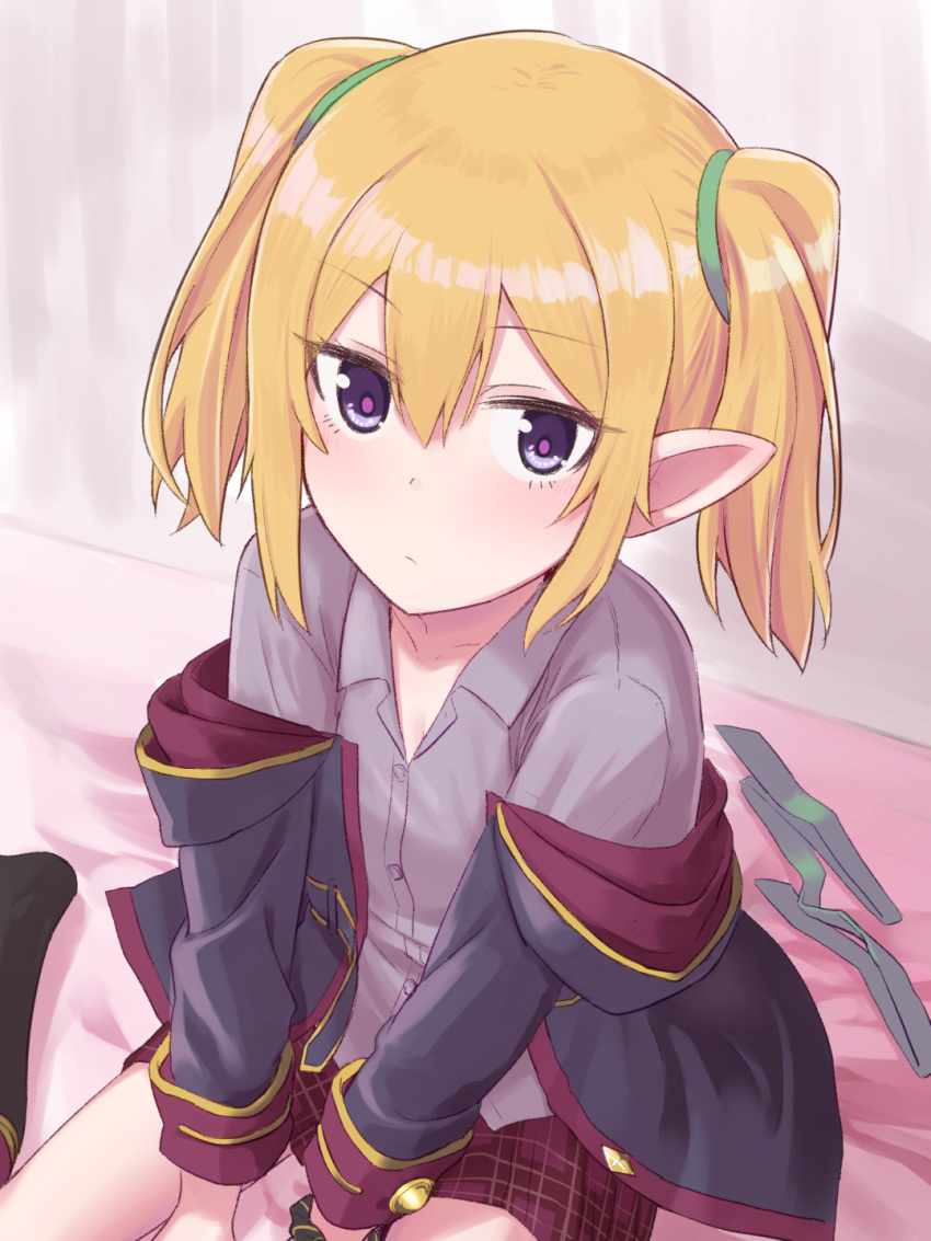 1girl, bed_sheet, black_jacket, black_legwear, blonde_hair, blush, chloe_(princess_connect!), closed_mouth, collarbone, commentary_request, eyebrows_visible_through_hair, green_neckwear, grey_shirt, hair_between_eyes, highres, hood, hooded_jacket, jacket, kawazu_kento, long_sleeves, looking_at_viewer, necktie, necktie_removed, on_bed, pink_eyes, pointy_ears, princess_connect!, princess_connect!_re:dive, red_skirt, scrunchie, shirt, short_hair, short_twintails, sitting, skirt, twintails, wariza