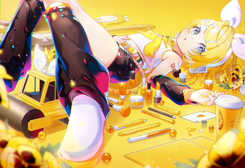1girl, black_shorts, blonde_hair, blue_eyes, bottle, bow, card_(medium), cosmetics