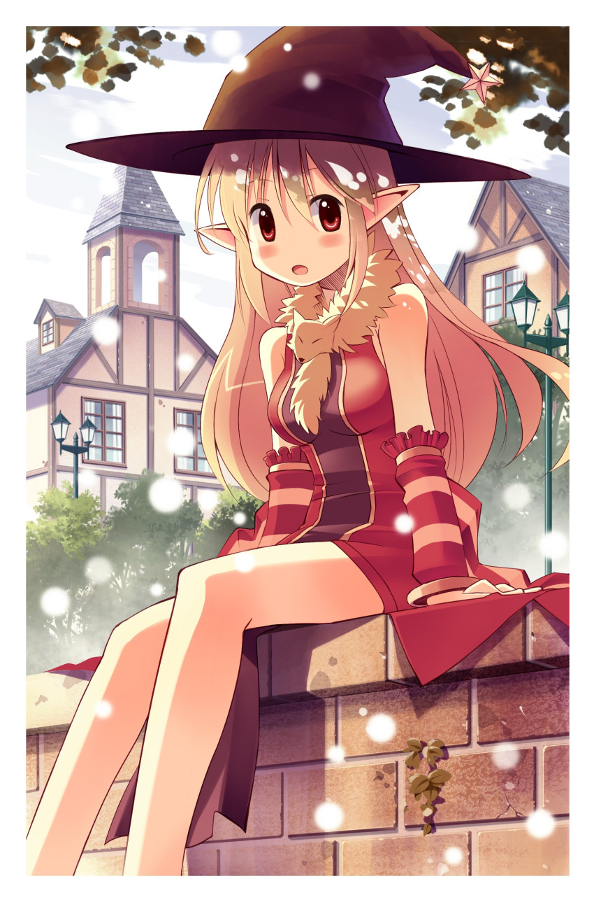 1girl, absurdres, animal_around_neck, bangs, blonde_hair, blush, body_blush, border, breasts, brick_wall, building, clouds, commentary_request, day, detached_sleeves, doridori, dress, feet_out_of_frame, fox, hair_between_eyes, hat, highres, house, lamppost, long_hair, looking_at_viewer, medium_breasts, open_mouth, outdoors, professor_(ragnarok_online), ragnarok_online, red_dress, red_eyes, red_sleeves, sitting, sky, sleeveless, sleeveless_dress, solo, star_(symbol), tree, white_border, window, witch_hat